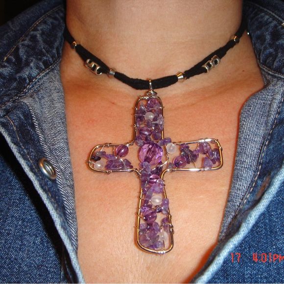 Big Amethyst Cross on Suede Double Cord Necklace NWT!! - Picture 2 of 2